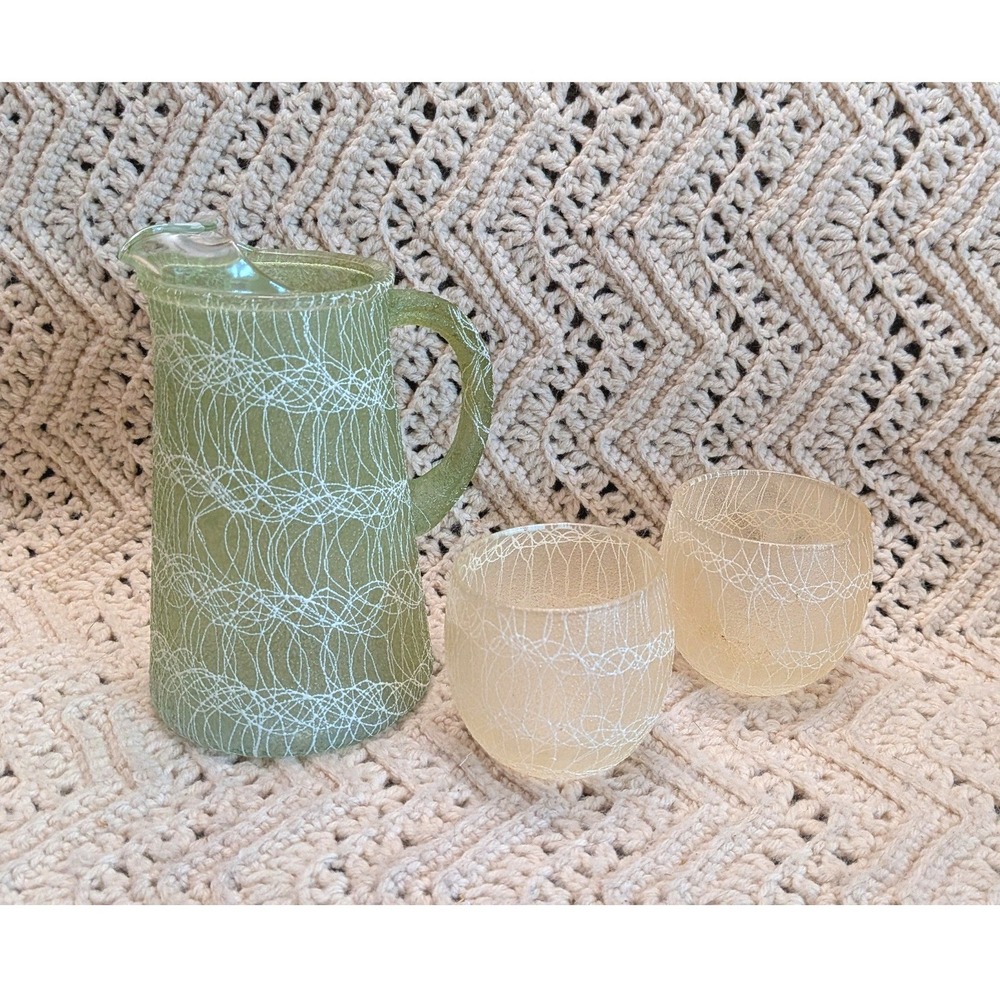 Vintage MCM Spaghetti String Glass Pitcher and Tumbler Set Green Cream 3pc